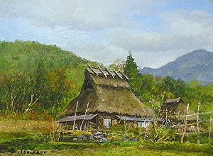 風景画『石川茂男』作 油彩画6F号〝山里春候〟額装