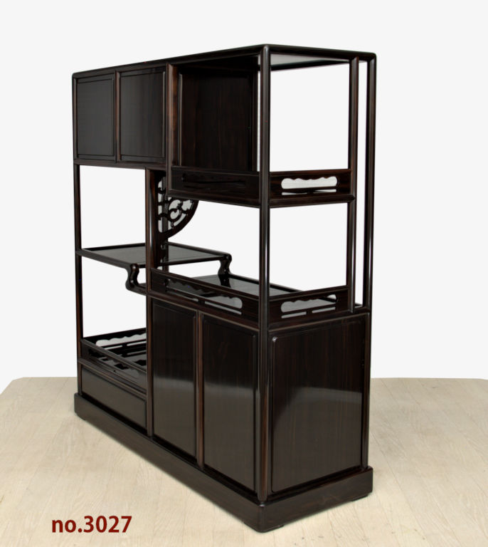 飾り棚 :黒檀 隅丸 4枚戸 彫り入り 3.5尺棚 no.3027 / 唐木家具OSAKA