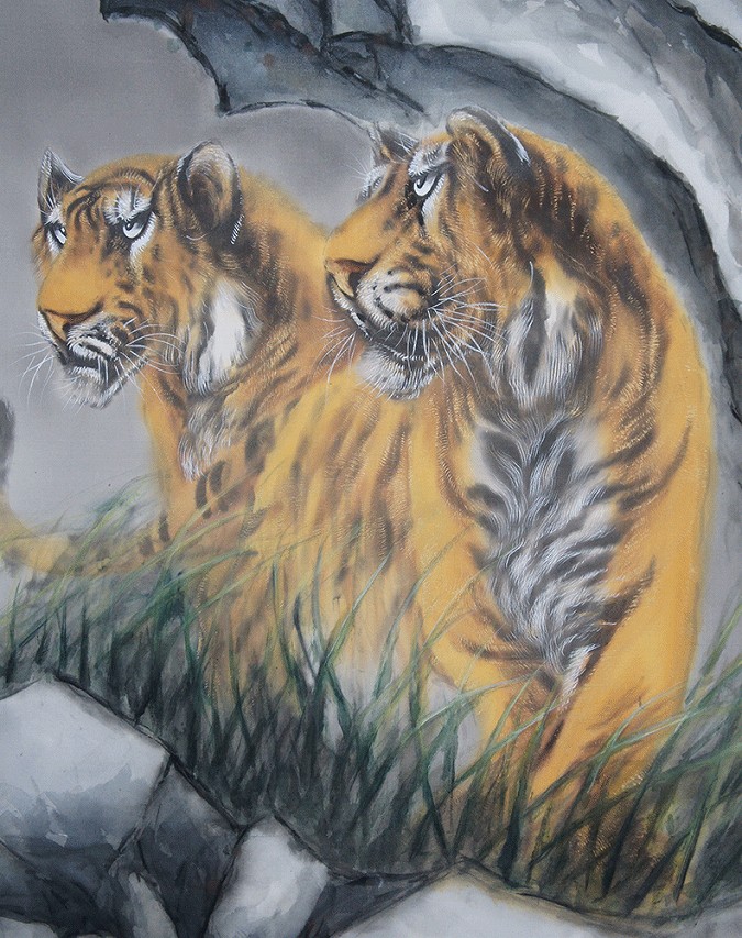 堀江玉鳳虎と獅子掛け軸用の絵