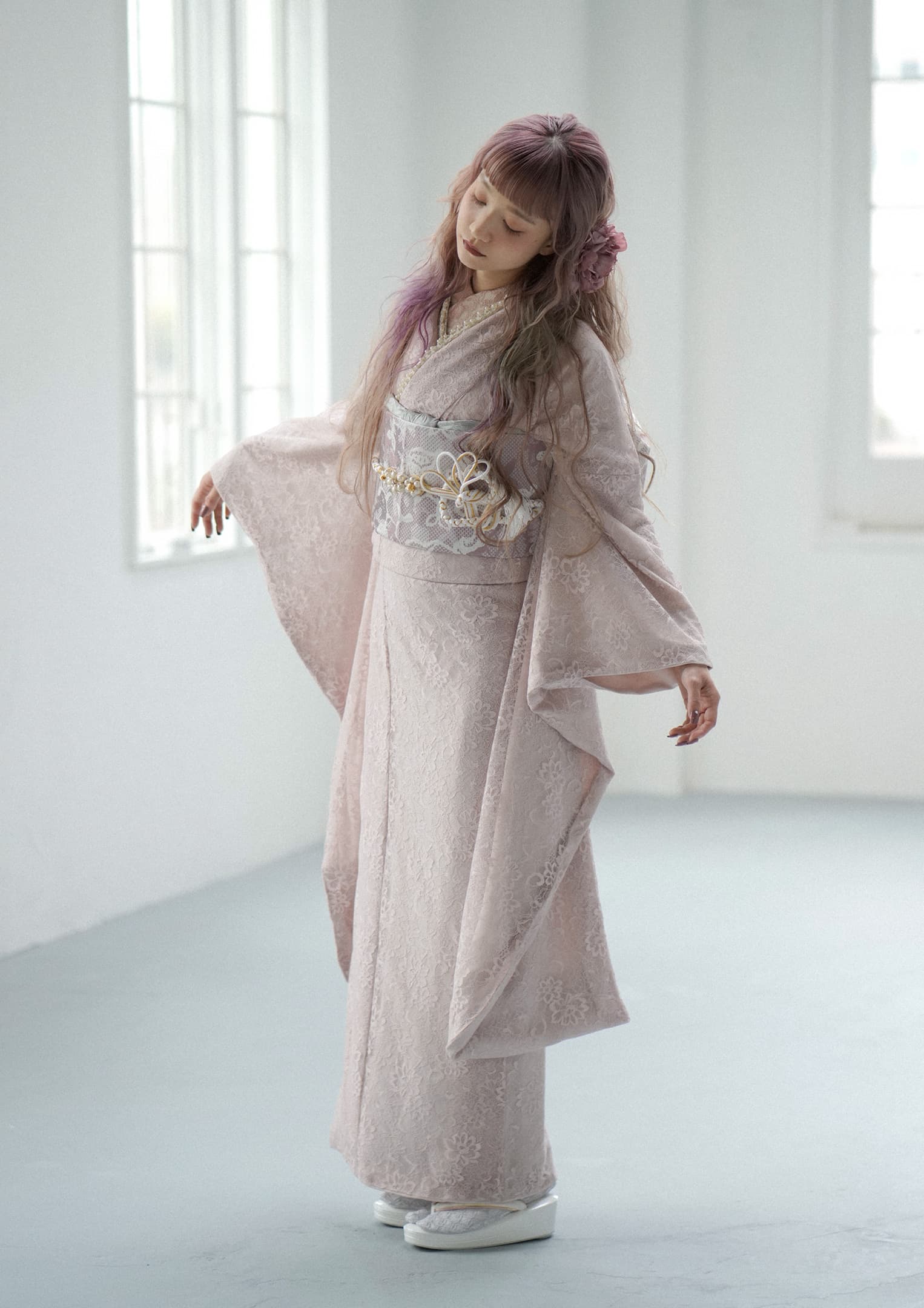 振袖ネットレンタル：くすみピンク】レースがフェミニン/KH-364