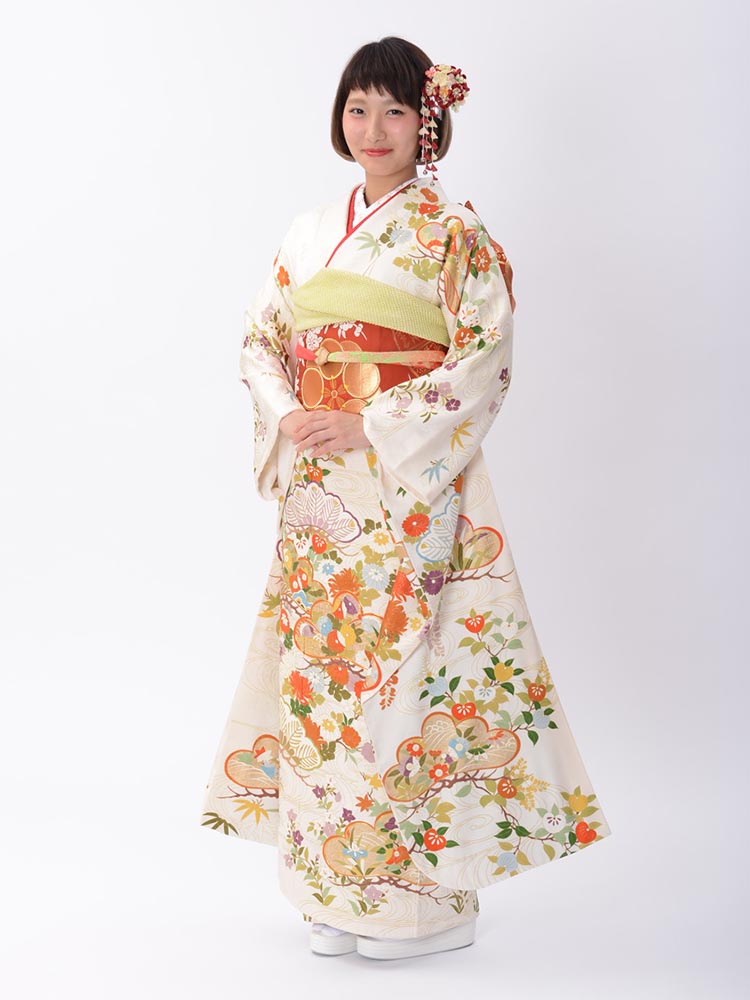 振袖フルセット 正絹 9点 白 伝統祝い花 尾長鶏 シックカッコイイ