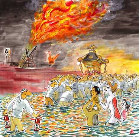 昭和のCMで有名 日本酒の黄桜 かっぱの絵 晋山窯ヤマツ 飾り大皿