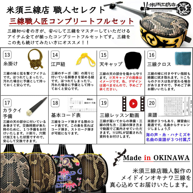 David.K】蛇皮「デザイン」の三線（戻らないカラクイ付き） 真壁型黒