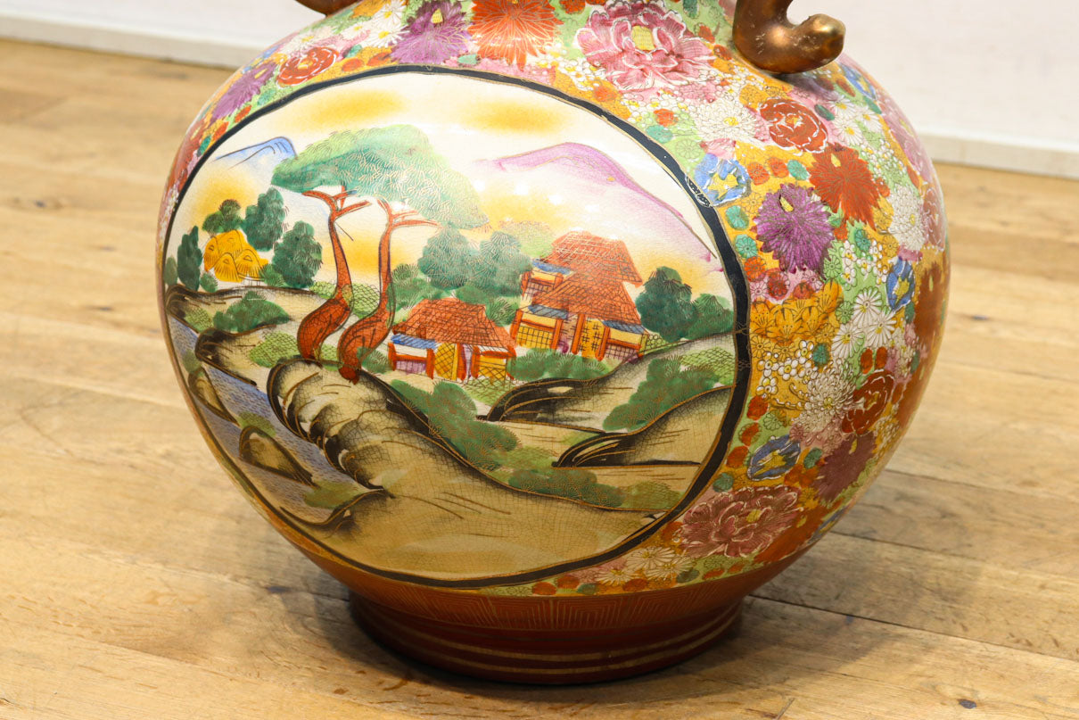 九谷焼 角福 吉田屋 蓋付き壺 飾り壷 青手 色絵 置物 つぼ 食籠 沈香壺