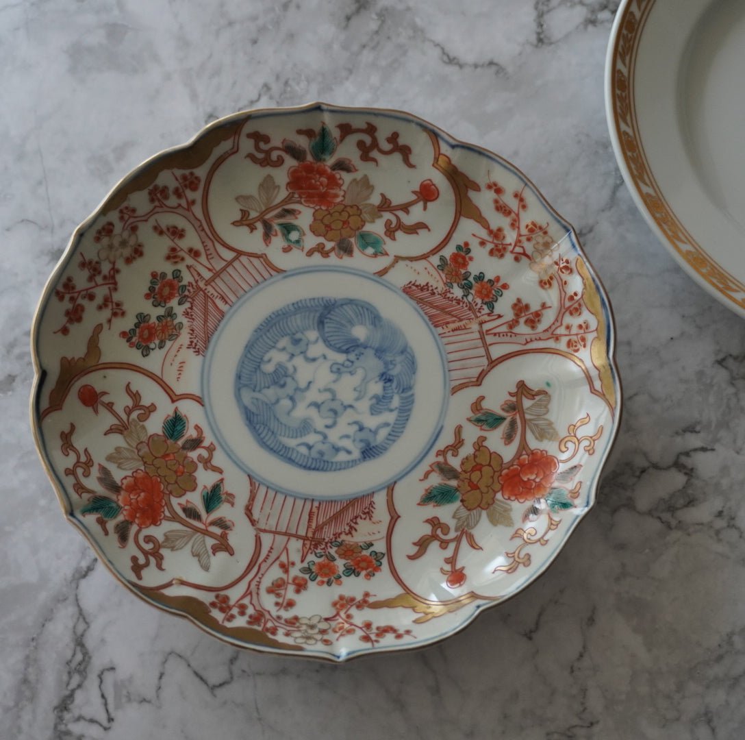 明治時代 有田焼 岩松平吾 色絵軍配形皿 五枚 角岩印 陽刻 珍品 残り