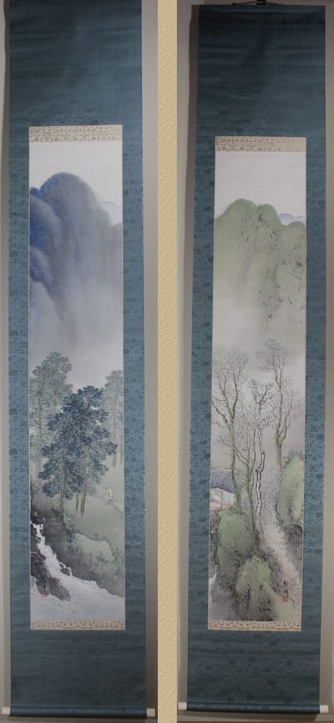 真作】岡本清暉/春秋山水図/山水図/双幅/掛軸/名家伝来/AC-243 真作