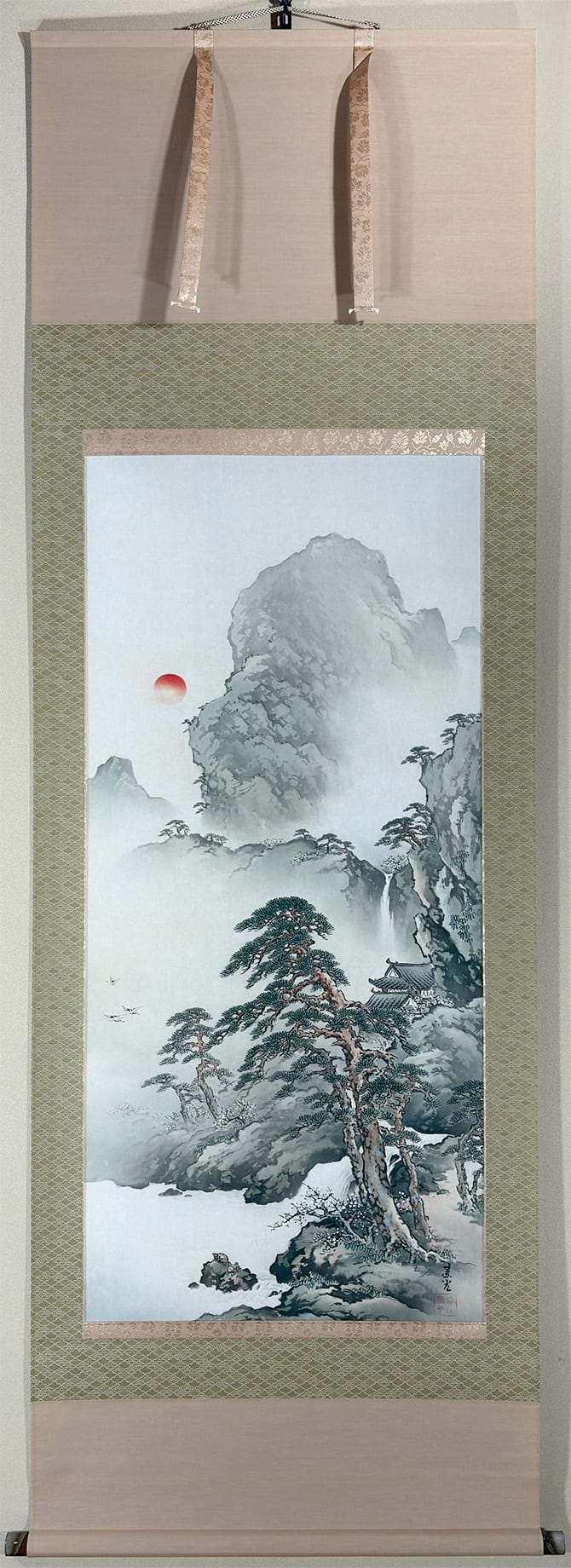 日の出に荒波図】岸連山 978 旭日 正月 掛け軸 肉筆 日の出に荒波図