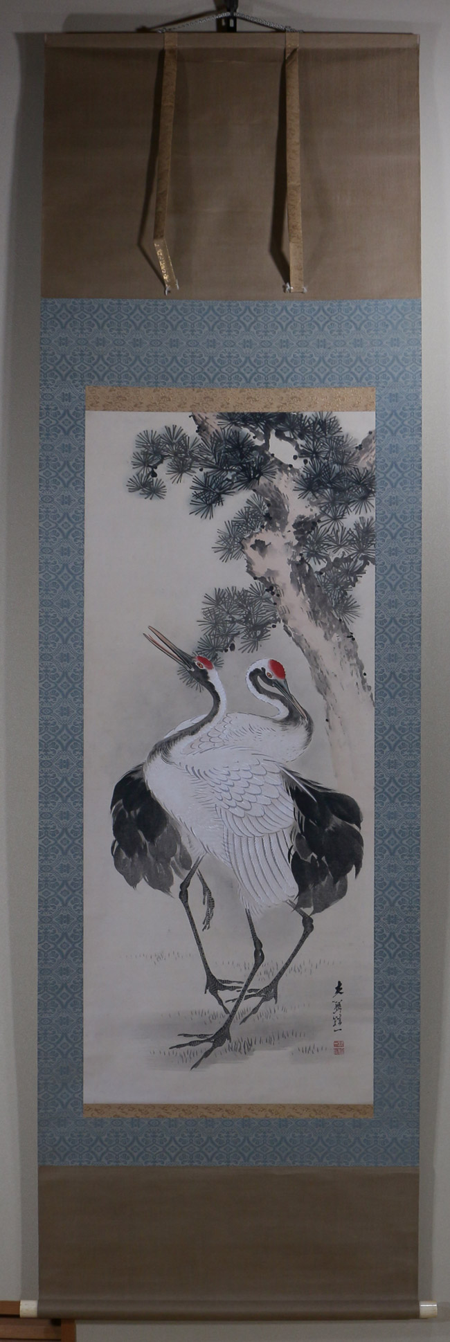真作/山田秋坪/松鶴延齢図/松鶴図/祝事掛軸/正月掛軸/名家伝来/AE-192