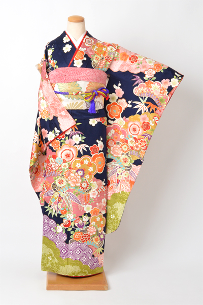 振袖［紺色/古典松竹梅・四季花]｜着物レンタルあき (来店着付け無料