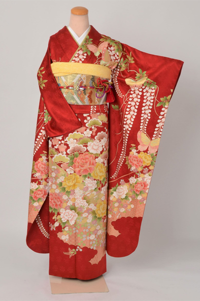 振袖 赤黒金牡丹【Lサイズ相当】古典 振袖［赤地の牡丹と藤模様］｜