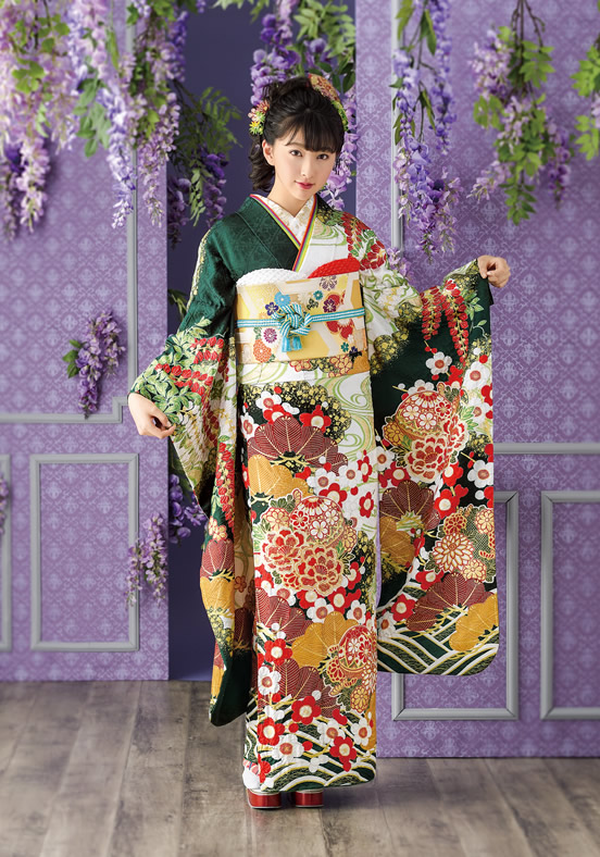 507z48☆鈴乃屋 振袖 古典柄 金彩 たたき染 桜 緑☆美品 成人式 結婚式