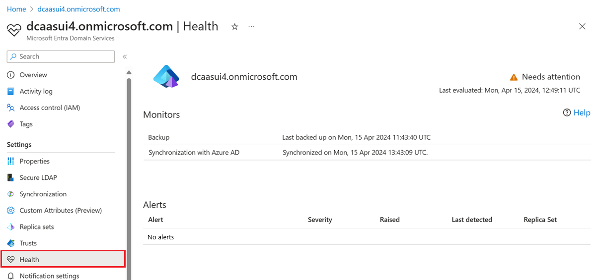 Microsoft Entra Domain Services の正常性を確認する - Microsoft