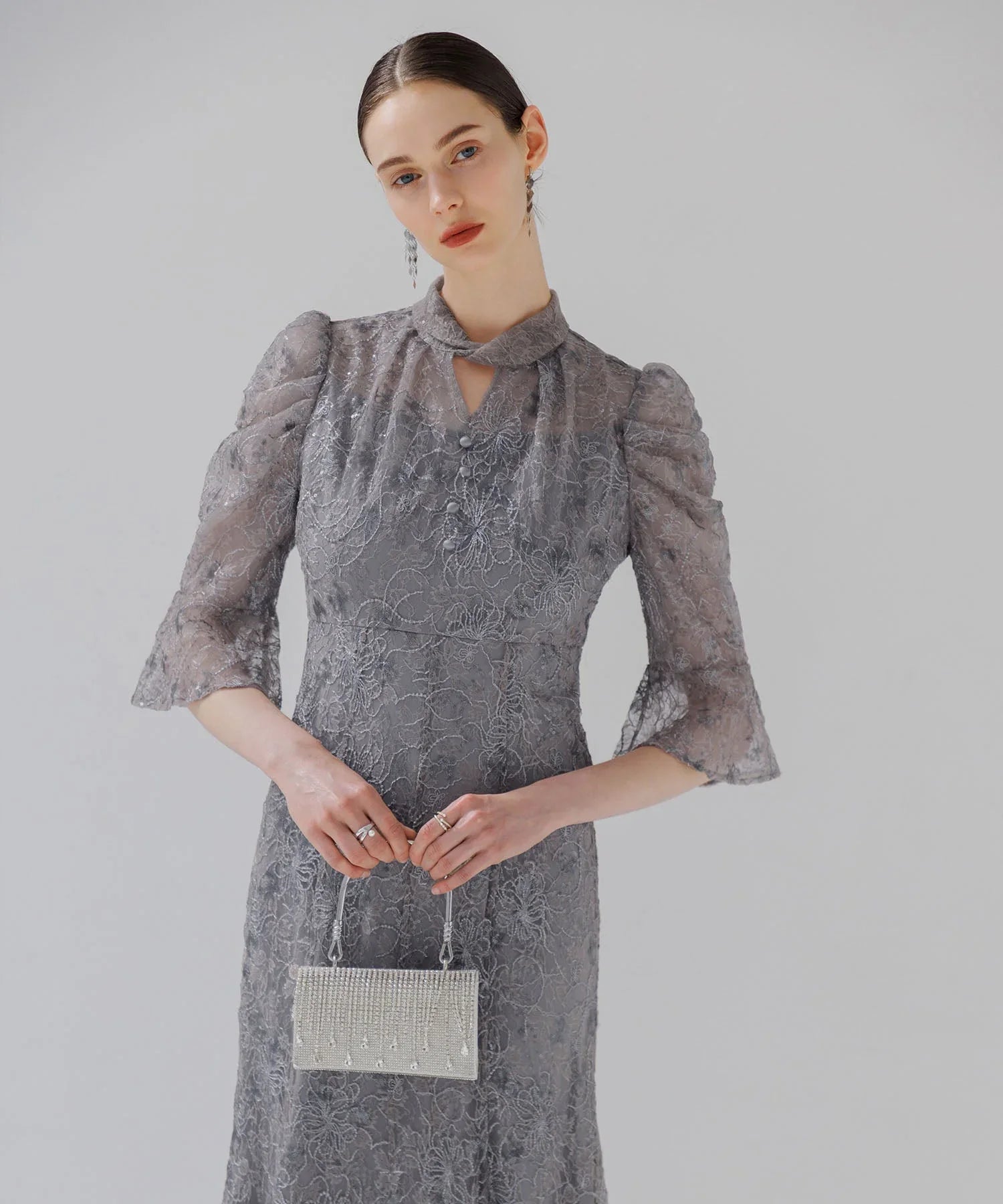 当日発送】スパンコール花柄パフスリーブマーメイドドレスパーティー