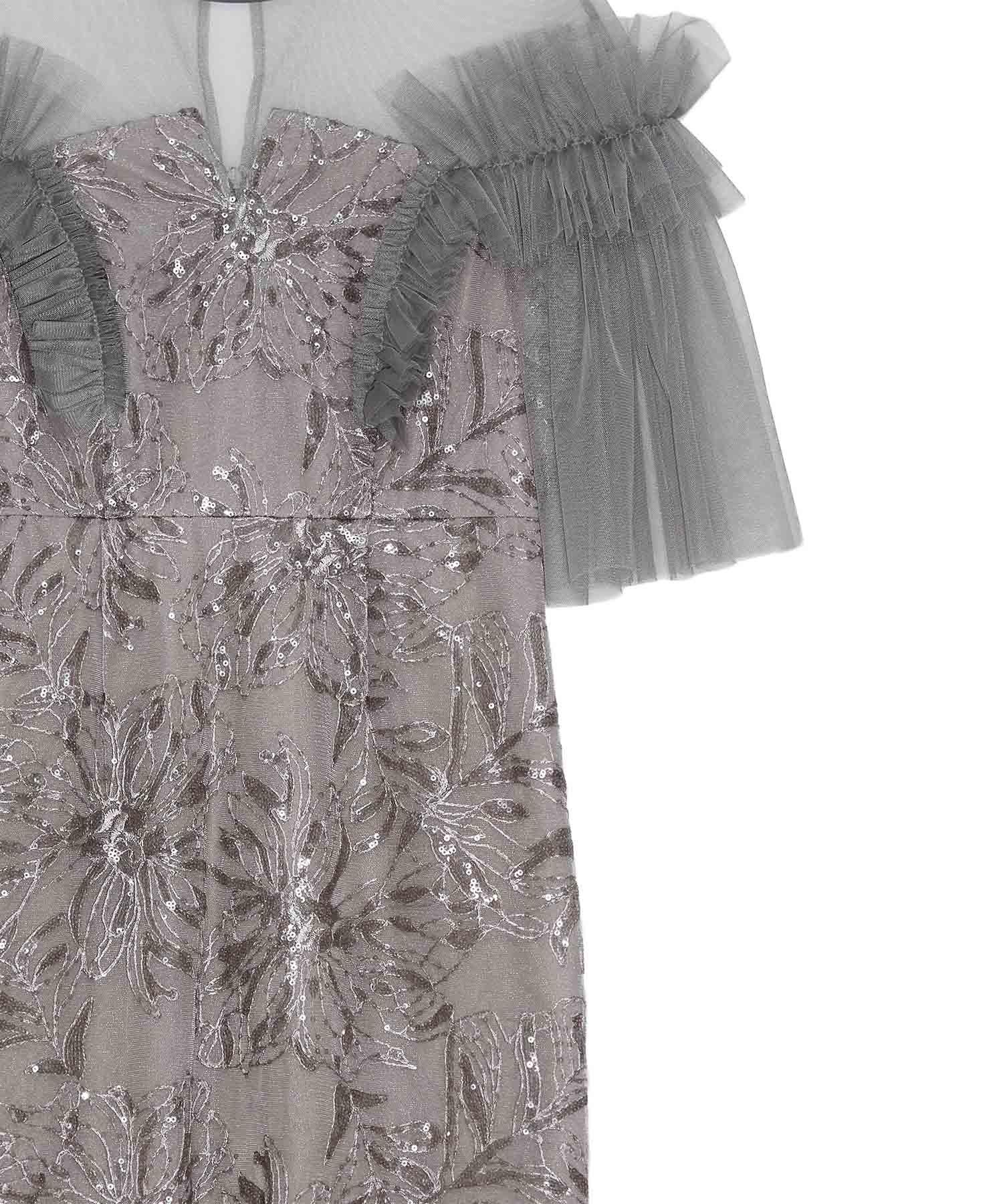 当日発送】チュールフリルショルダーシアーIラインワンピースドレス