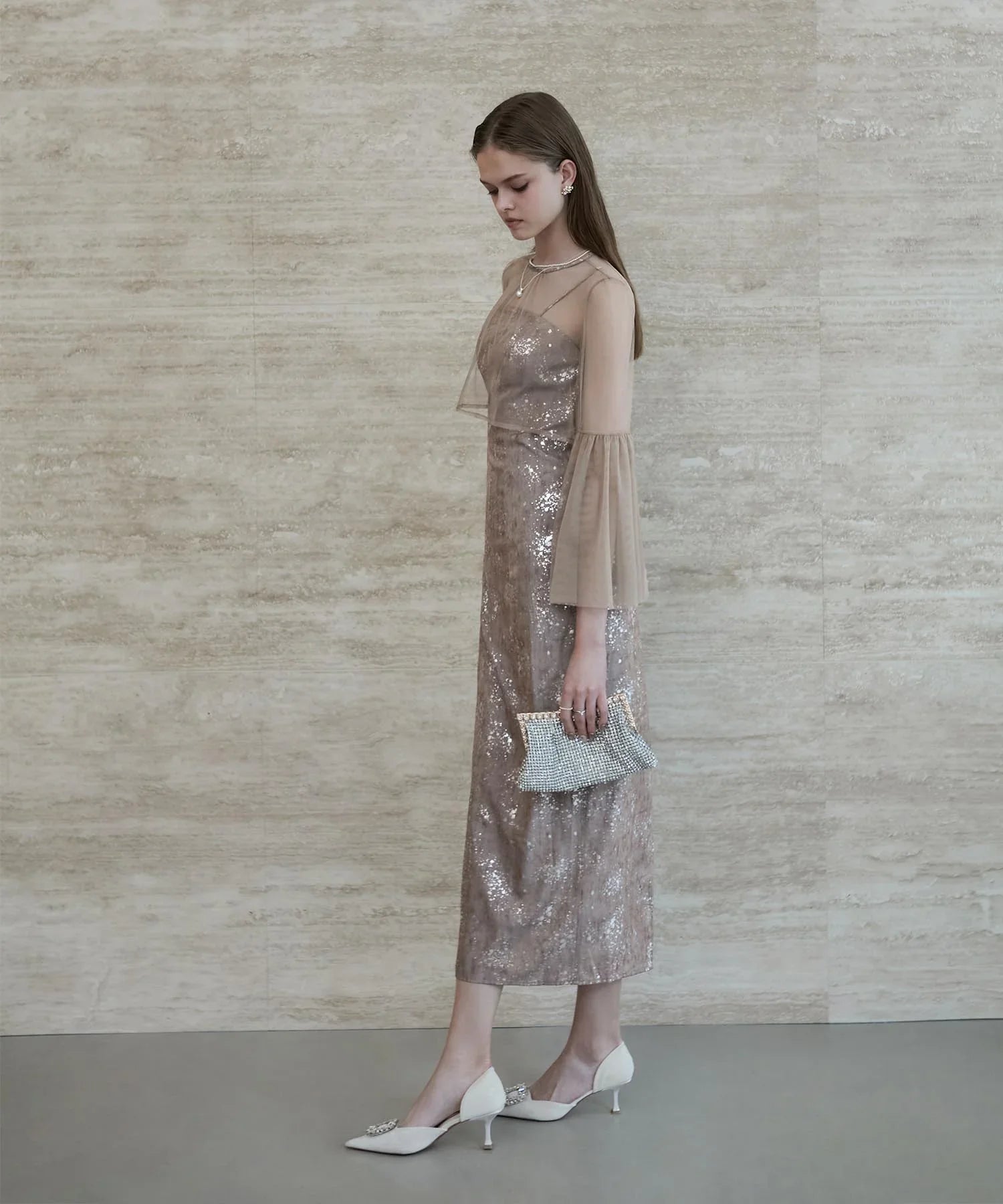 当日発送】シアーチュールベルスリーブペイントIラインワンピースドレス