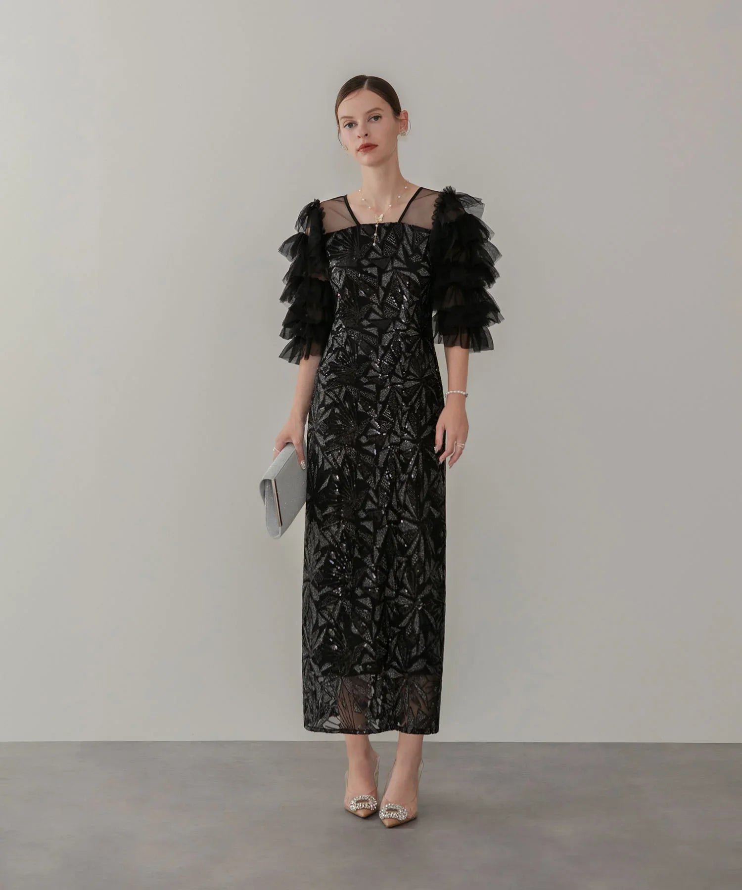 当日発送】チュールフリルスリーブスパンコールIラインワンピースドレス