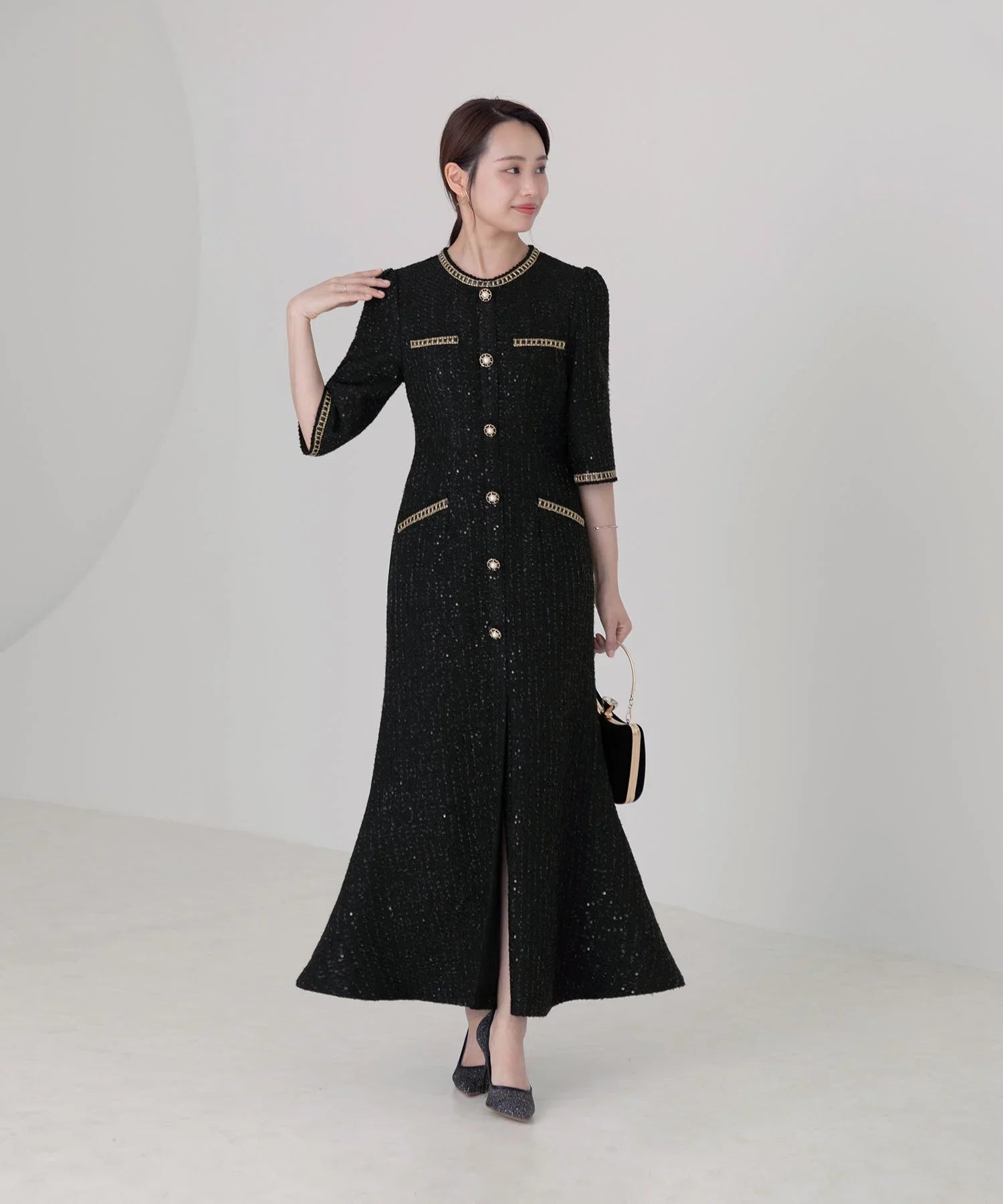 当日発送】ラメツイードレザーパイピングパールマーメイドワンピース