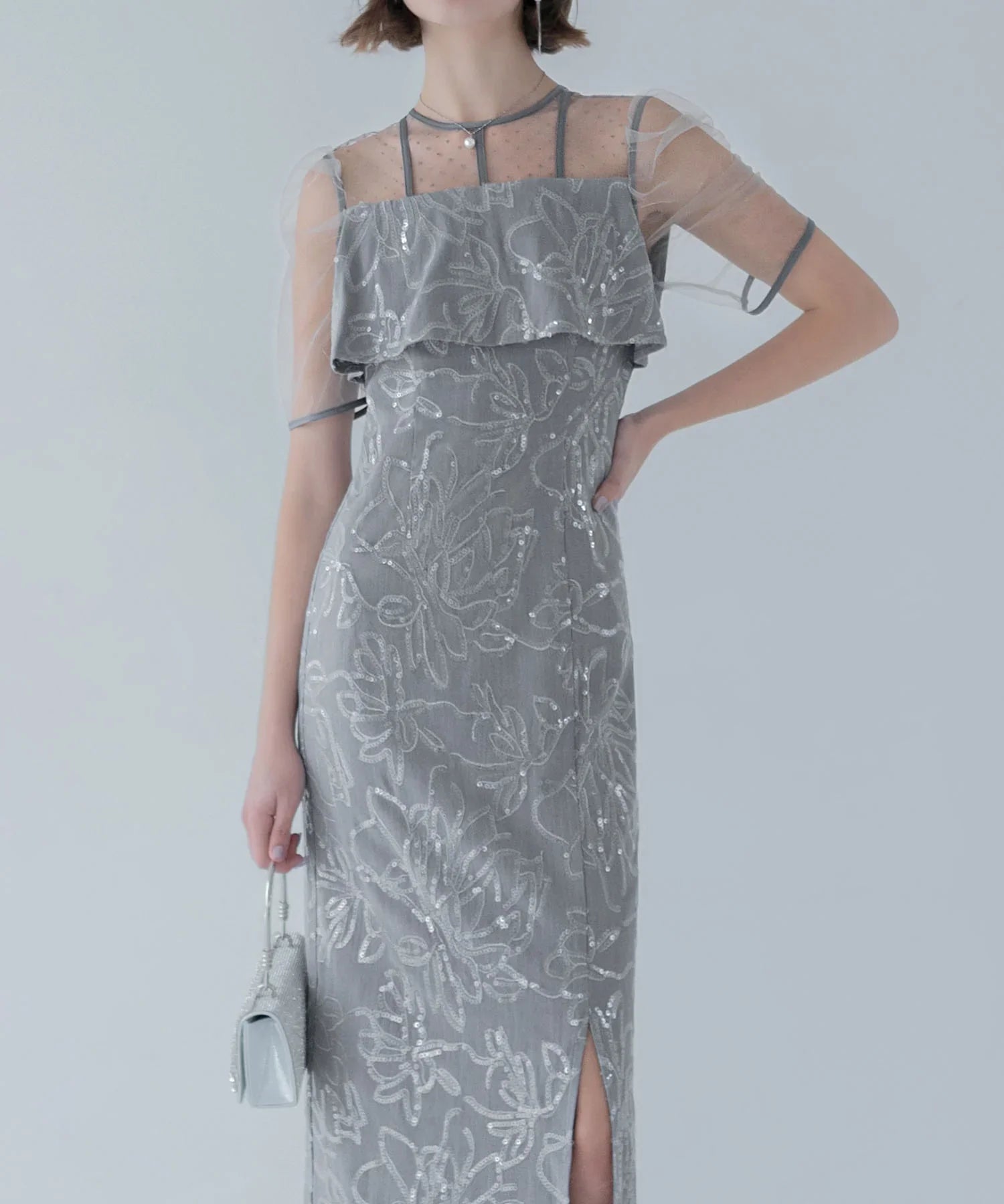 一部当日発送】ドットチュールフラワースパンコールIラインワンピース