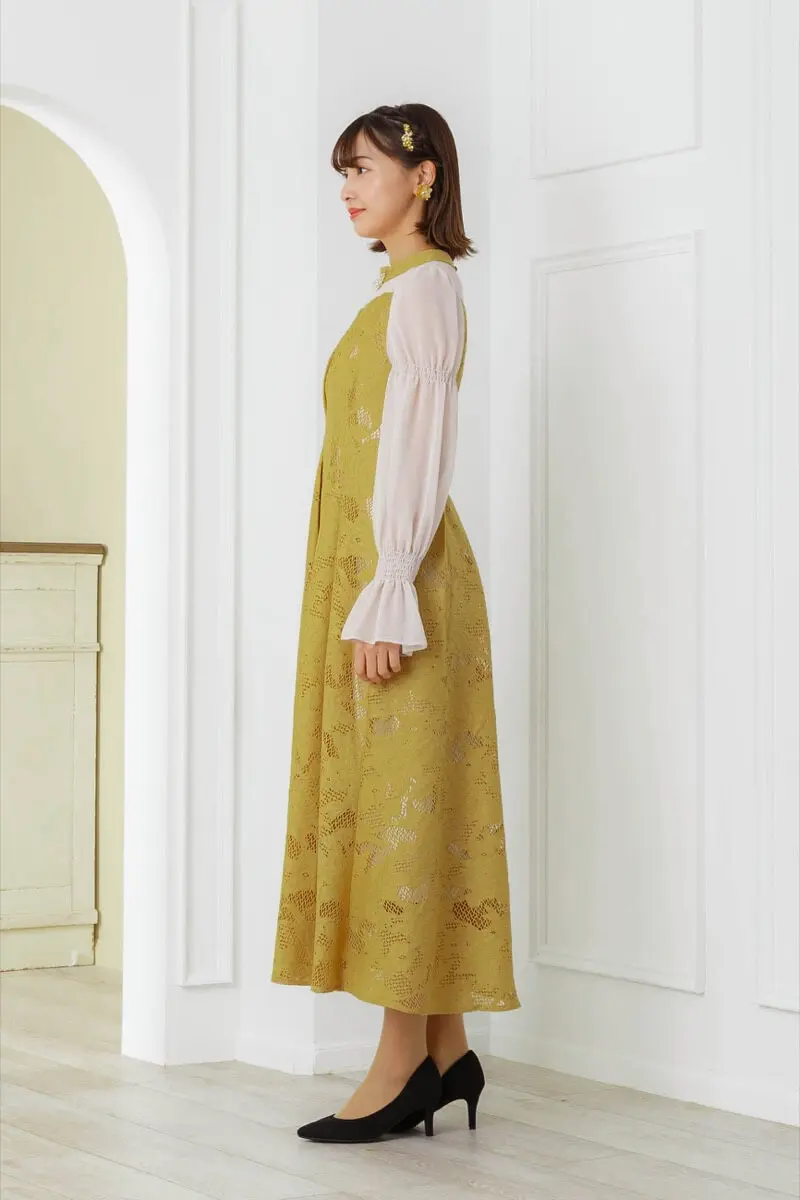 マスタードのアシンメトリータックドレス | ANDRESD | M | 結婚式