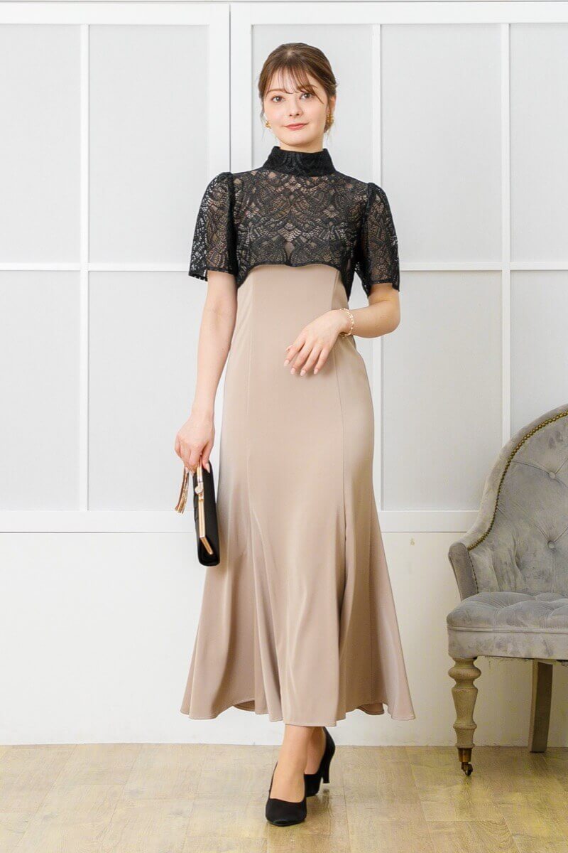 ベージュ×ブラックのレースボレロ付きマーメイドドレス | Dorry doll