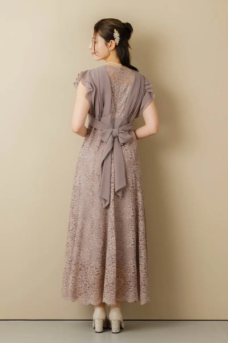 グレージュのシフォンスリーブレースドレス | Dorry doll | M | 結婚式