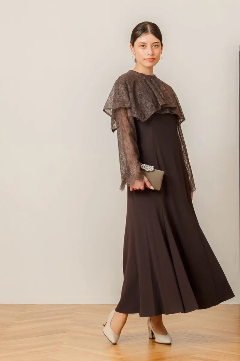 ブラウンのレイヤードケープドレス | ANDRESD | M | 結婚式パーティー