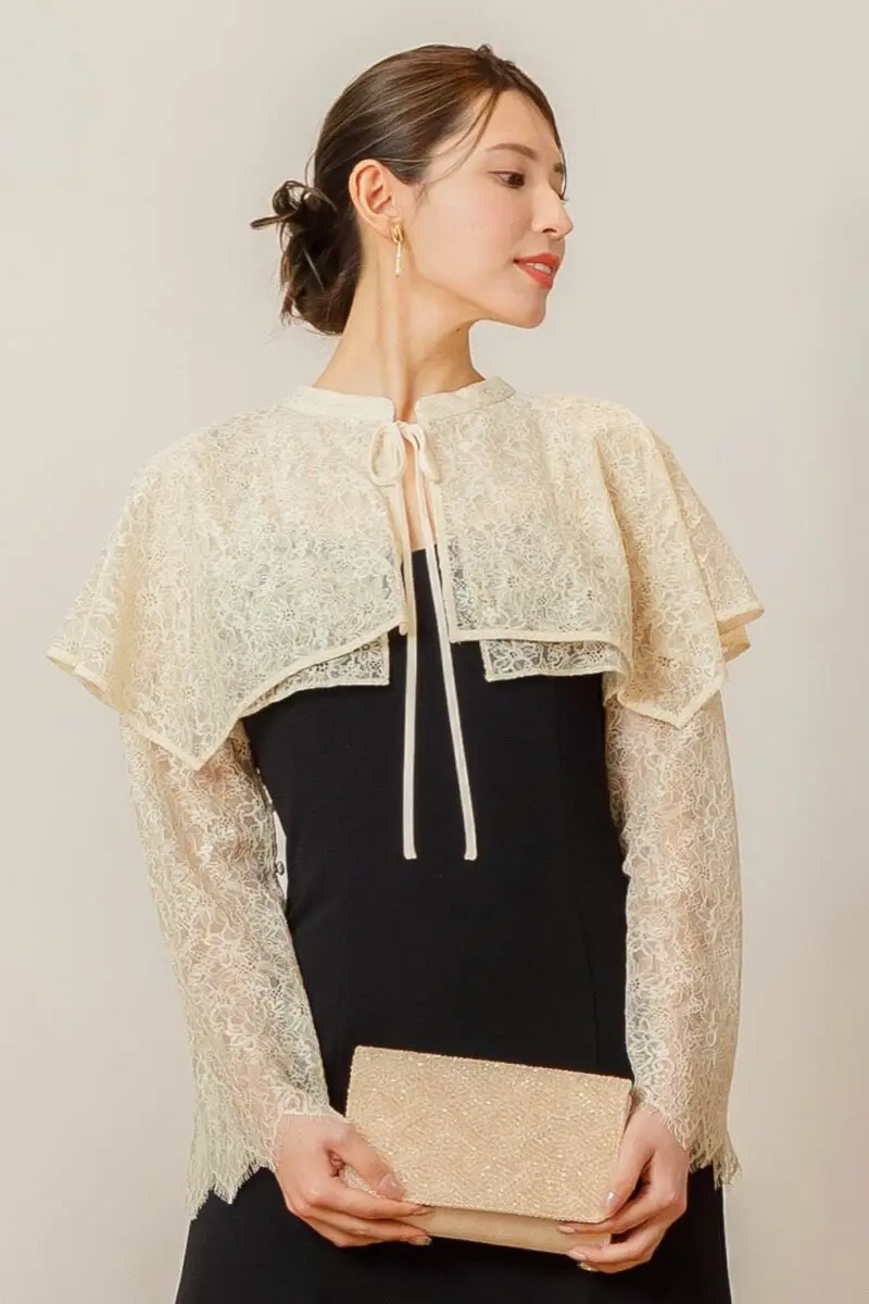 ベージュ×ブラックのレイヤードケープドレス | ANDRESD | M | 結婚式