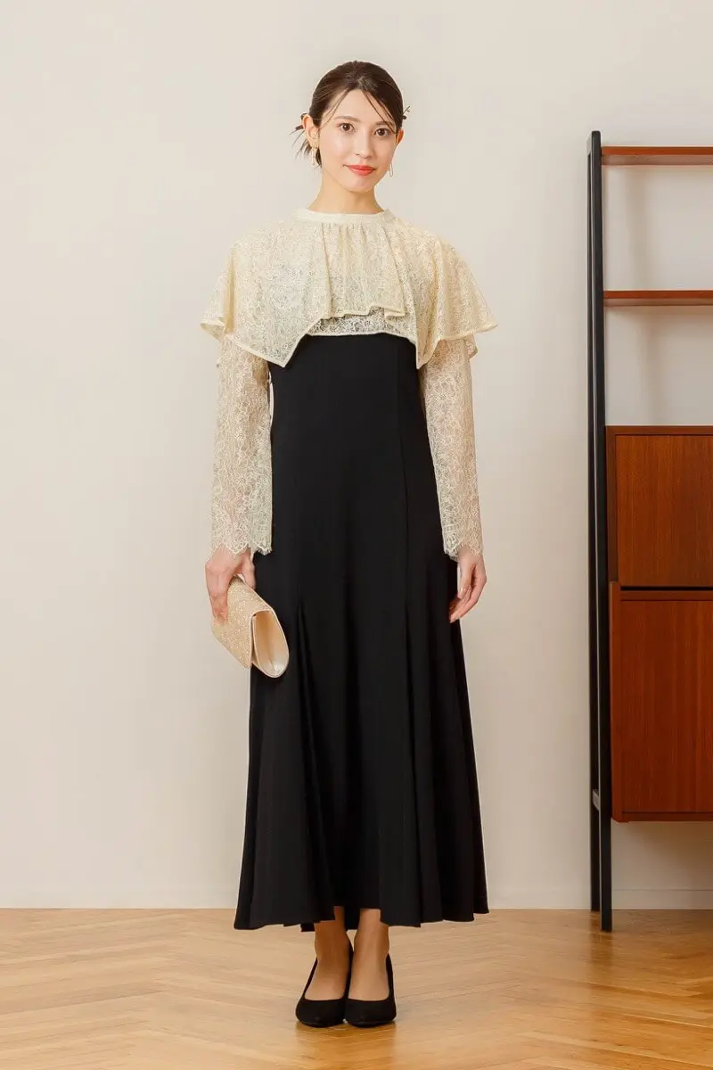 ベージュ×ブラックのレイヤードケープドレス | ANDRESD | M | 結婚式