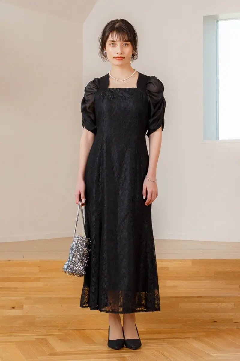 ブラックのギャザースリーブマーメイドドレス | Dorry doll | M | 結婚