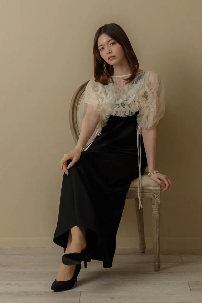 ベージュブラックのチュールトップスセットドレス | ANDRESD | M