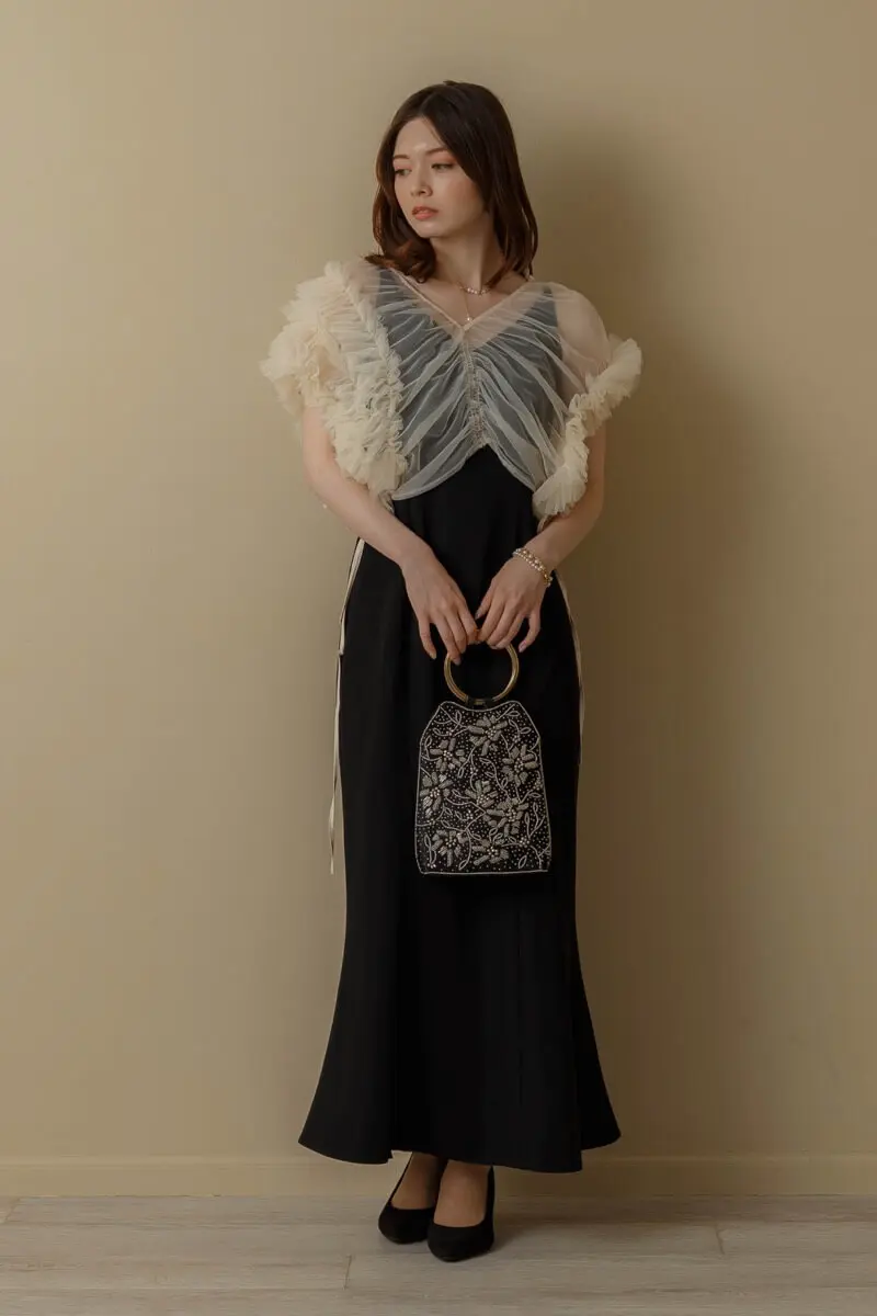 ベージュブラックのチュールトップスセットドレス | ANDRESD | M