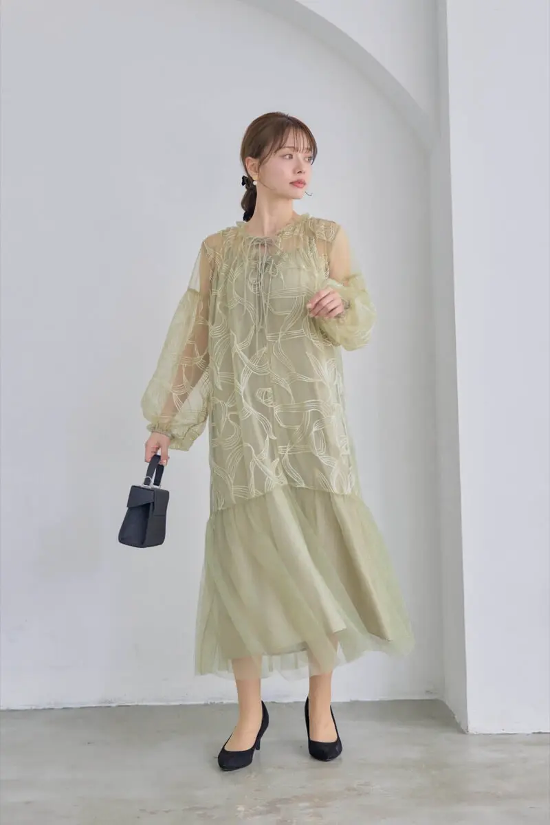 LEJA】パフスリーブウエストリボン総レースロングドレスワンピース