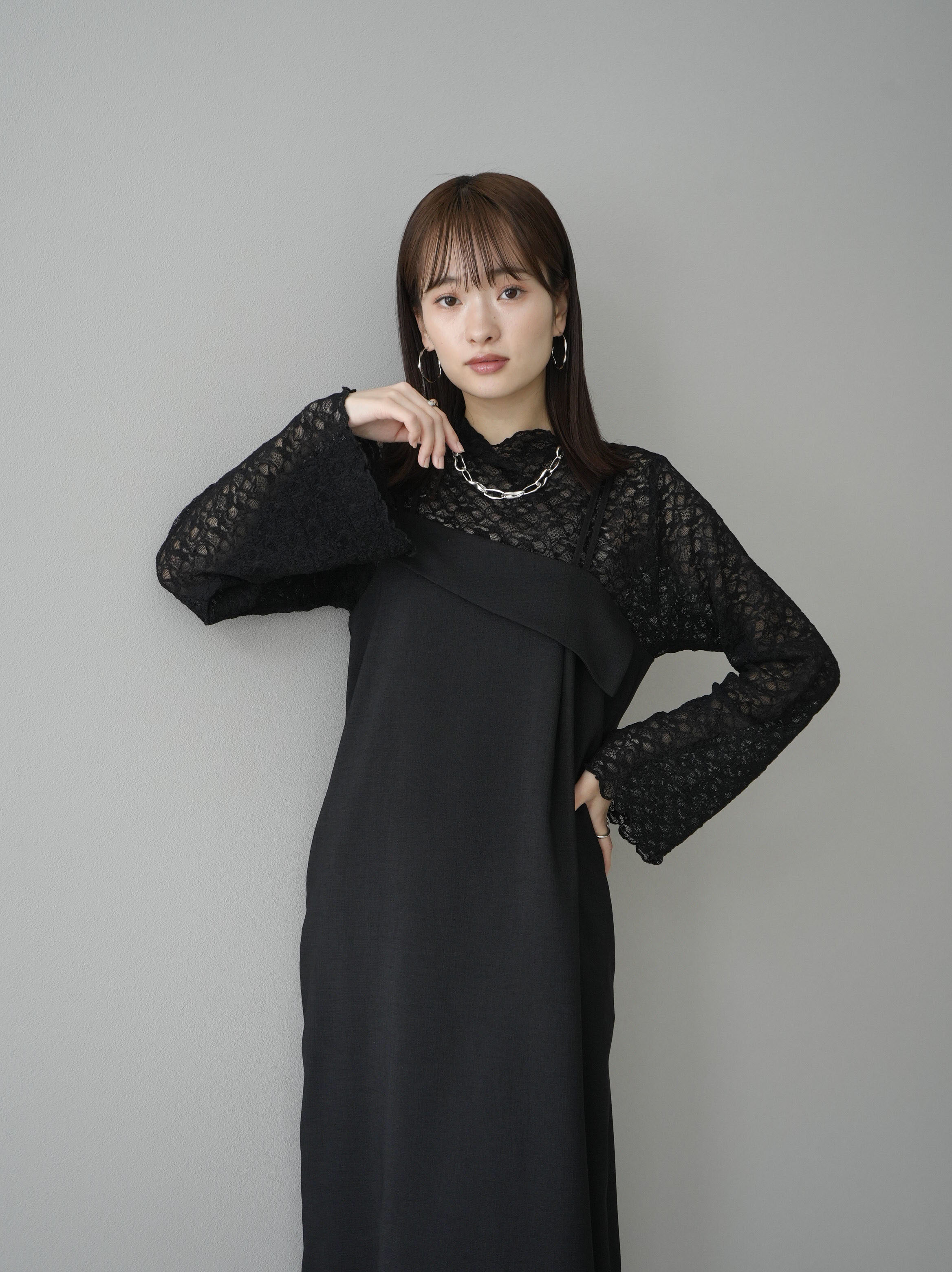 lumier パールデザインキーネックワンピース/インナーブラック パール