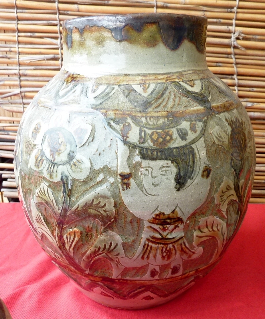 琉球 沖縄 壺屋焼 【故】島袋常明作 エジプト紋壺 やちむん ヤチムン 民芸