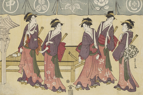 水彩絵、江戸時代の人の顔 すみだ北斎美術館 - 裸の男達が