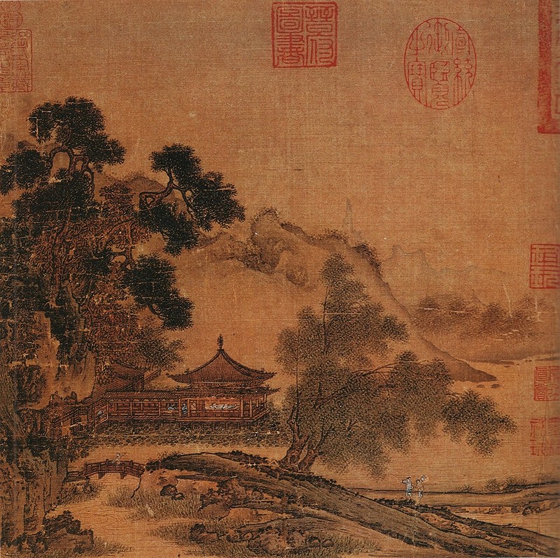 掛軸 井口華秋『支那山水図』中国山水 絹本 肉筆 無地箱付 掛け軸