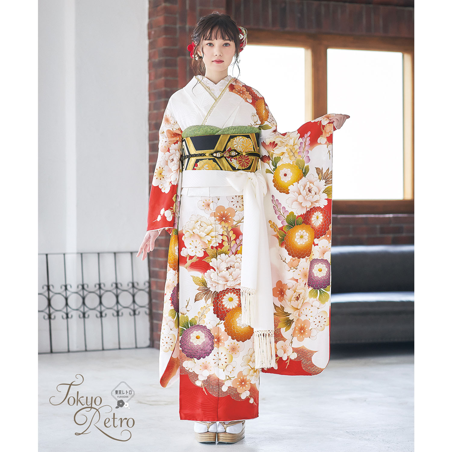 東京レトロ 白 菊牡丹に梅（【振袖・袋帯・長襦袢のセット商品です