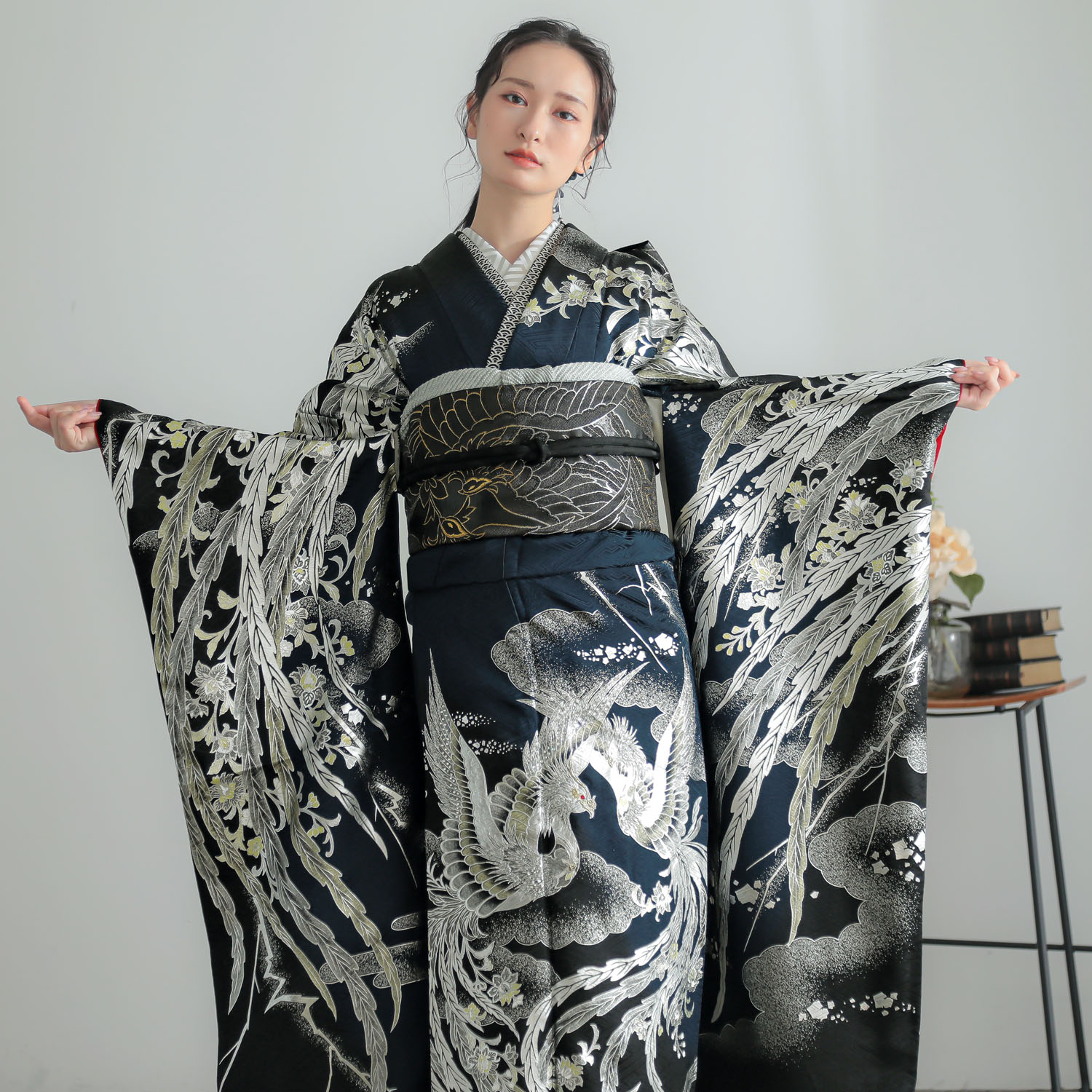 Beautiful Japan ブルー×黒 鳳凰（【振袖・袋帯・長襦袢のセット商品