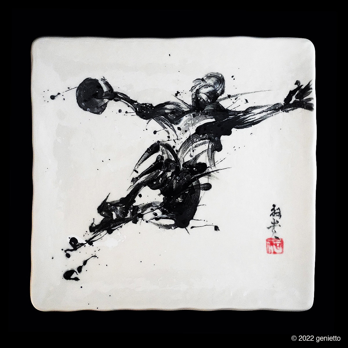 陶墨皿「スポーツ」 №0031 | 墨絵・陶墨画アーティスト 西元祐貴 Yu-ki