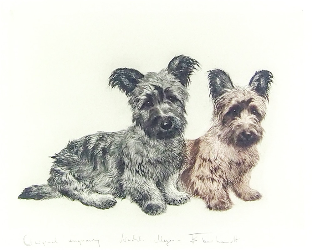 2匹のテリア犬』ヴィンテージ銅版画 Meyer Eberhardt 2匹のテリア犬