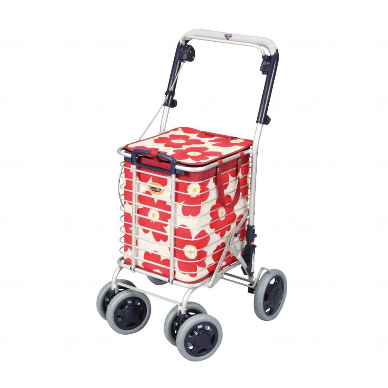 ブレーキ付 アルミワイヤーカート 花柄赤 ｜ シルバーカー・歩行器