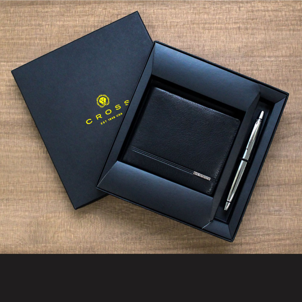 クラウンピンバッジセット、CROSS ボールペン 黒 ギフトボックス付き