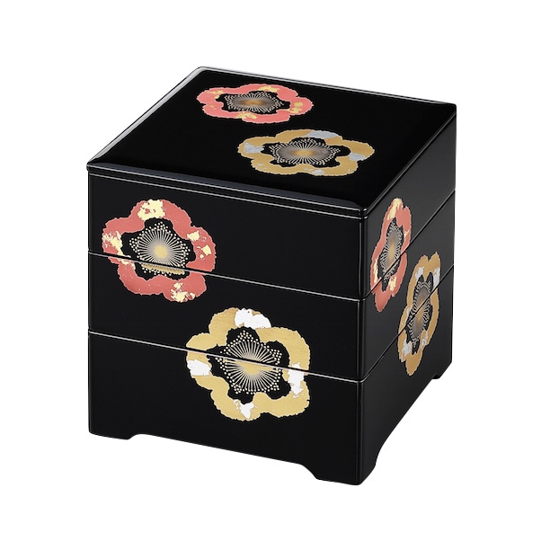 会津塗 漆塗 三段重 目黒廣太謹製 黒内朱 鶴 松