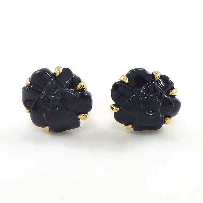 シャネル CHANEL ピアス カメリア ブラックカルセドニー 黒 K18YG