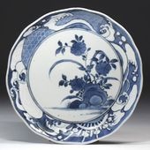江戸時代 藍柿右衛門 染付 波花文 銹釉口 皿 5客