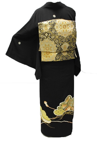 豪華刺繍正絹黒留袖袖フルセットお探しの方 西陣織袋帯 牡丹 駒刺繍 銀