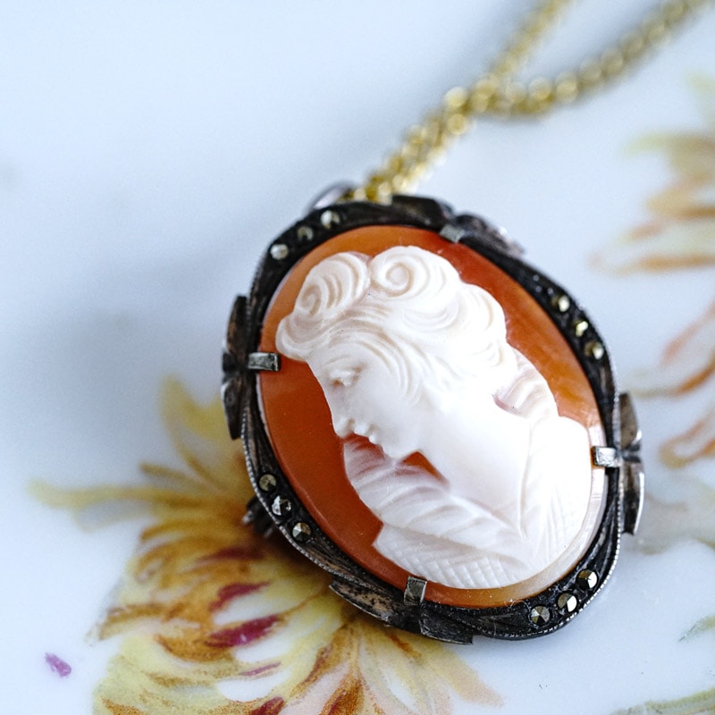 K18 メノウ カメオ ブローチ ペンダントトップ 女性の横顔 カメオ