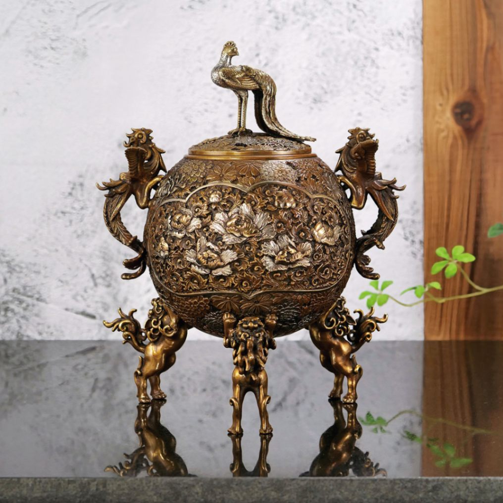 香炉 ｜香立て｜香炉 夏目獅子耳（元禄模様）｜大峰作 蝋型青銅