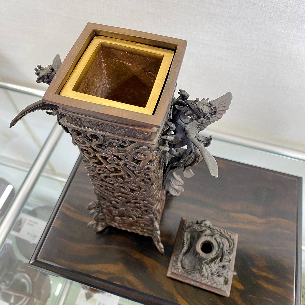 骨董 昭和 ビンテージ レトロ 高岡銅器 透し鳳凰 香炉 縁起物 風水