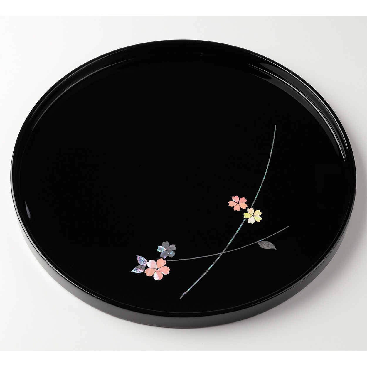 漆塗 丸盆 黄銅銀 螺鈿野菊文丸盆 共箱 吉本寿 R1430